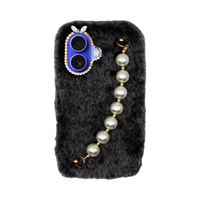 Vivid Fluffy Plush CaseΒ with Pearl Chain Apple iPhone 16 Grey/Black