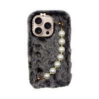 Vivid Fluffy Plush CaseΒ with Pearl Chain Apple iPhone 16 Pro Grey/Black