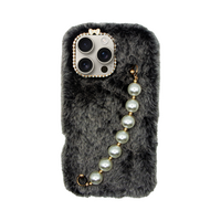 Vivid Fluffy Plush CaseΒ with Pearl Chain Apple iPhone 16 Pro Max Grey/Black