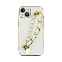 Vivid Silicone Case Pearl Chain Holder Apple iPhone 14 White/Gold