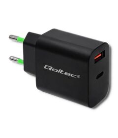 Qoltec 51713 Charger | 18W | 5-12V | 1.5-3A | USB type C PD | USB QC 3.0 | Black