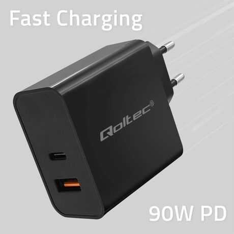 Qoltec 52381 Super Quick PD charger | 1xUSB-C | 1xUSB| 90W | 5-20V | 2.4-4.35A | Black