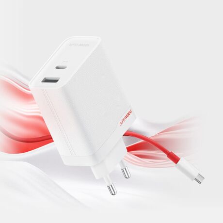 OnePlus SUPERVOOC Charger Ports USB-A and USB-C + USB-C cable 120 W White