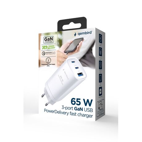 Gembird TA-UC-PDQC65-01-W 3-port 65 W GaN USB PowerDelivery fast charger, white