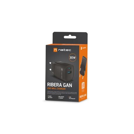 NATEC RIBERA GAN CHARGER 1X USB-A + 1X USB-C 30W BLACK