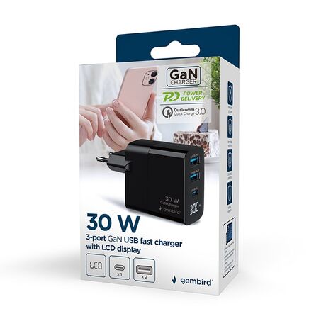 Gembird TA-UC-PDQC30LCD-BK-02 mobile device charger Universal Black AC Fast charging Indoor