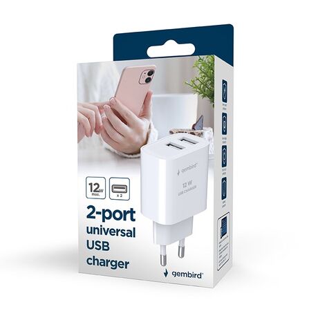 Gembird TA-UC-2A12-01-BK mobile device charger Universal White AC Indoor