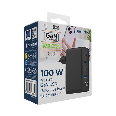 Gembird TA-UC-PDQC100LCD-01-BK mobile device charger Laptop, Smartphone Black AC Fast charging Indoor