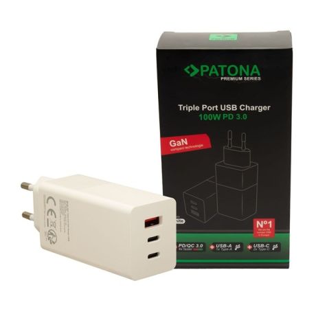 PATONA Premium Charger GaN PD100W 2xUSB-C 1xUSB-A PD3.0 QC3.0 White
