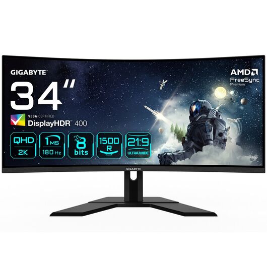 GIGABYTE G34WQCP 34" UWQHD Curved Gaming Monitor - 3440 x 1440, 1500R, 180Hz, 1ms, 350 cd/m2, AMD FreeSync Premium, DisplayHDR 400, HDMI 2.0, Displayport 1.4